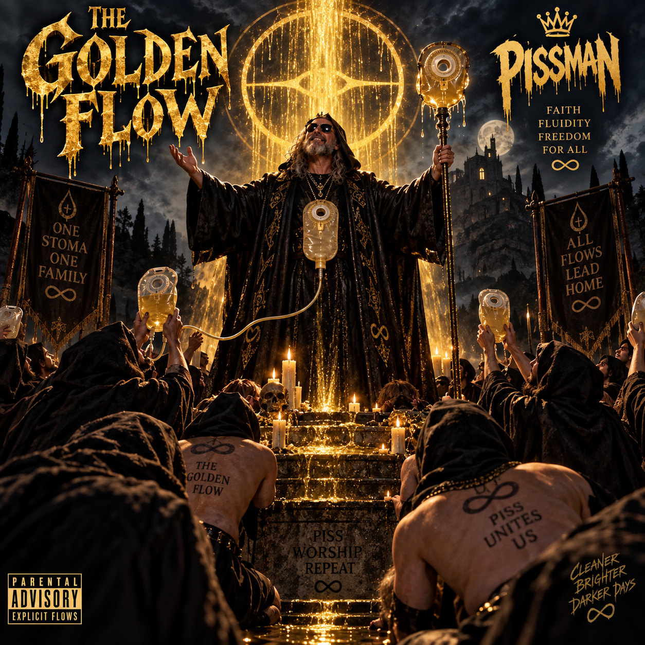 The Golden Flow cover: Pissman before the hooded Cult of the Bag