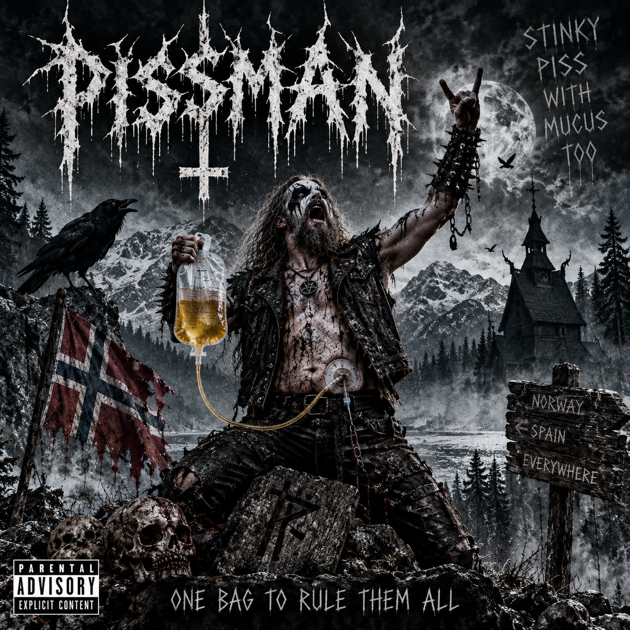 The Pissman cover: black-metal Pissman beneath a moonlit sky